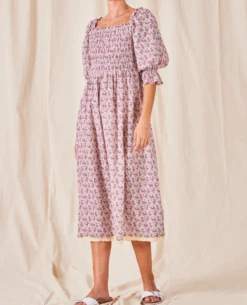 Mabe Derby Print Shirred Multicolor Midi Dress